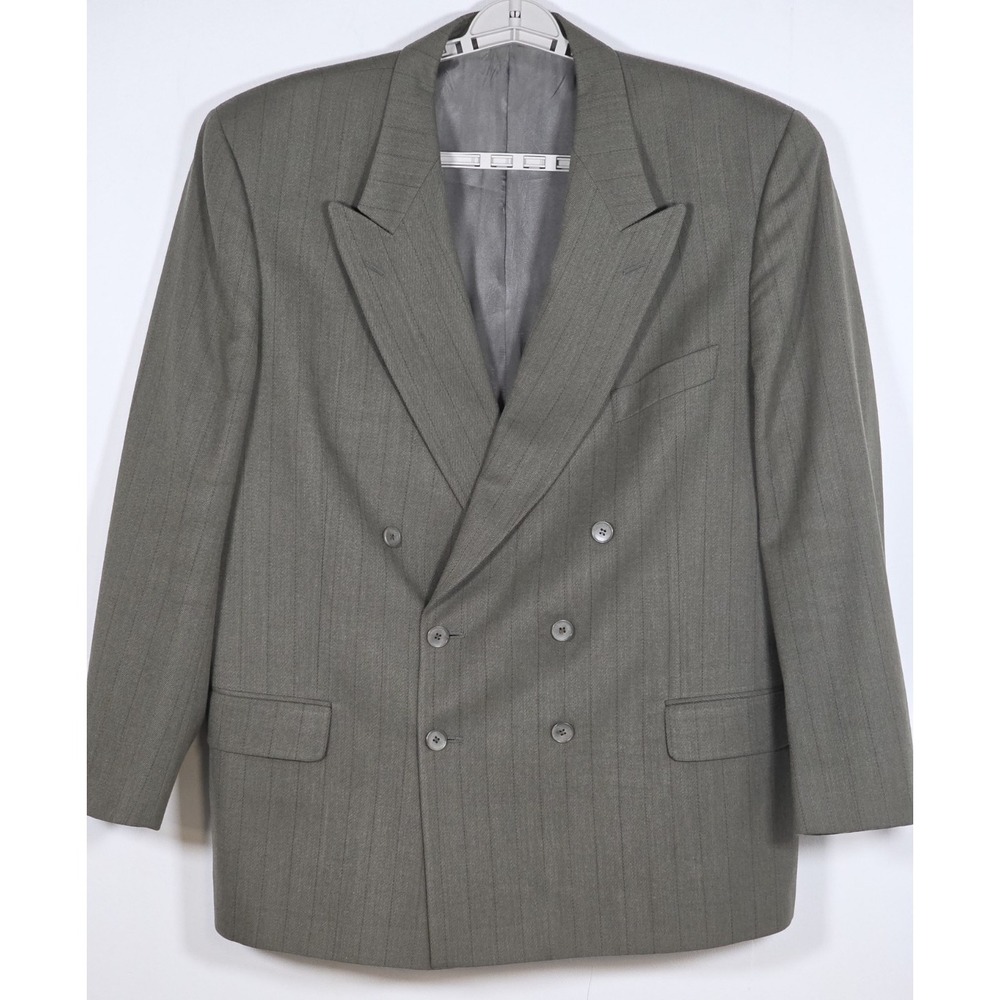 Calvin Klein Double-Breasted Suit 46 Wool NWOT Vintage USA Union Made Gray Green
